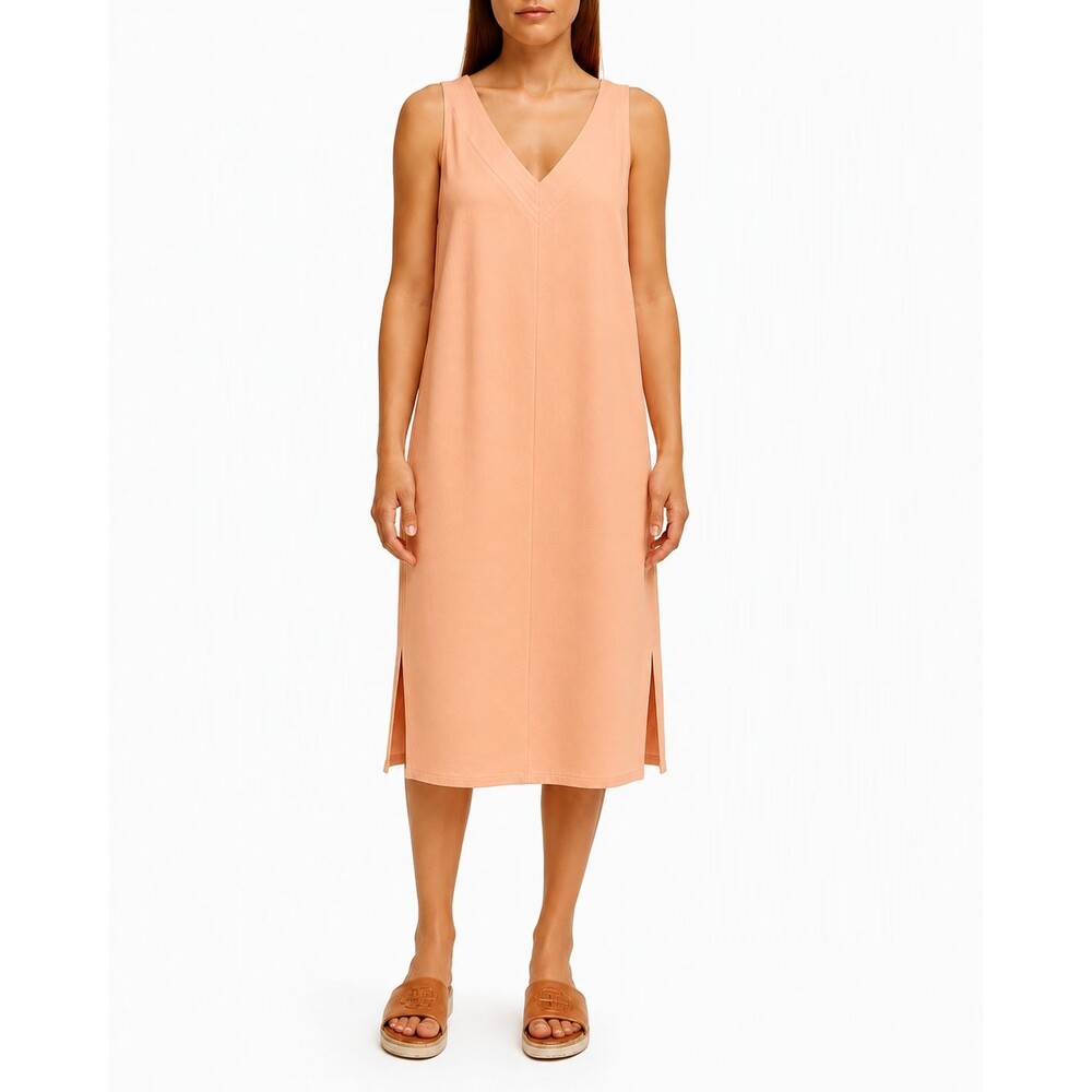 DKNY Linen Dress Womens L Salmon Pink V-Neck Sleeveless Side Slit Coastal Beach
